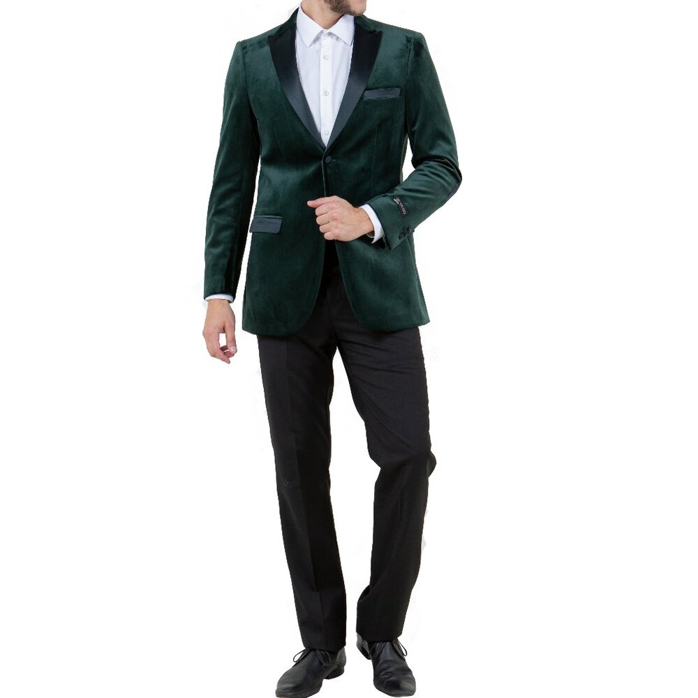 Solid Green Velvet Satin Peak Lapel Tazzio Men's Jacket